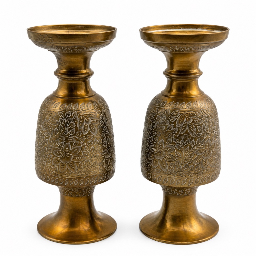 Vintage Brass Etched Floral Vase Pair Indian Engraved Boho Hollywood Regency - Picture 7 of 8